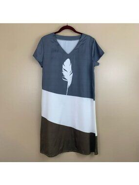 Feather Contrast Color block Short Sleeve V-Neck Shift Dress M